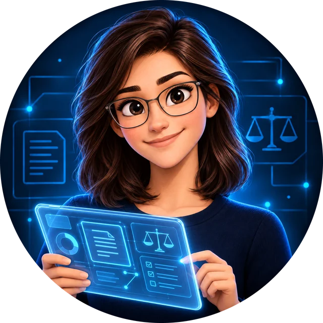 Ilustração da Clara, a assistente virtual do escritório, de óculos e com um tablet
